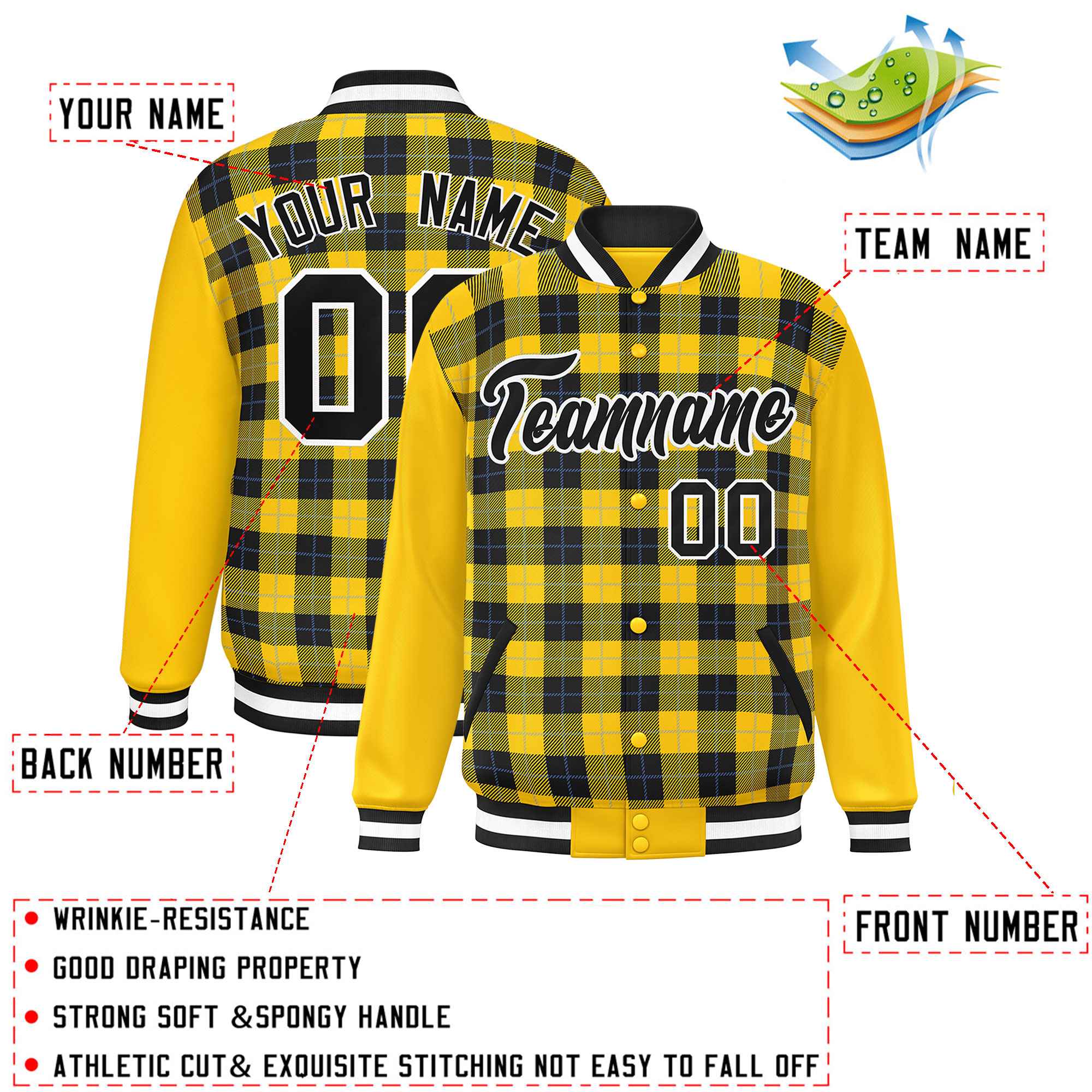 Custom Black Gold-Powder Blue Varsity Full-Snap Plaid Pattern Letterman Baseball Jacket