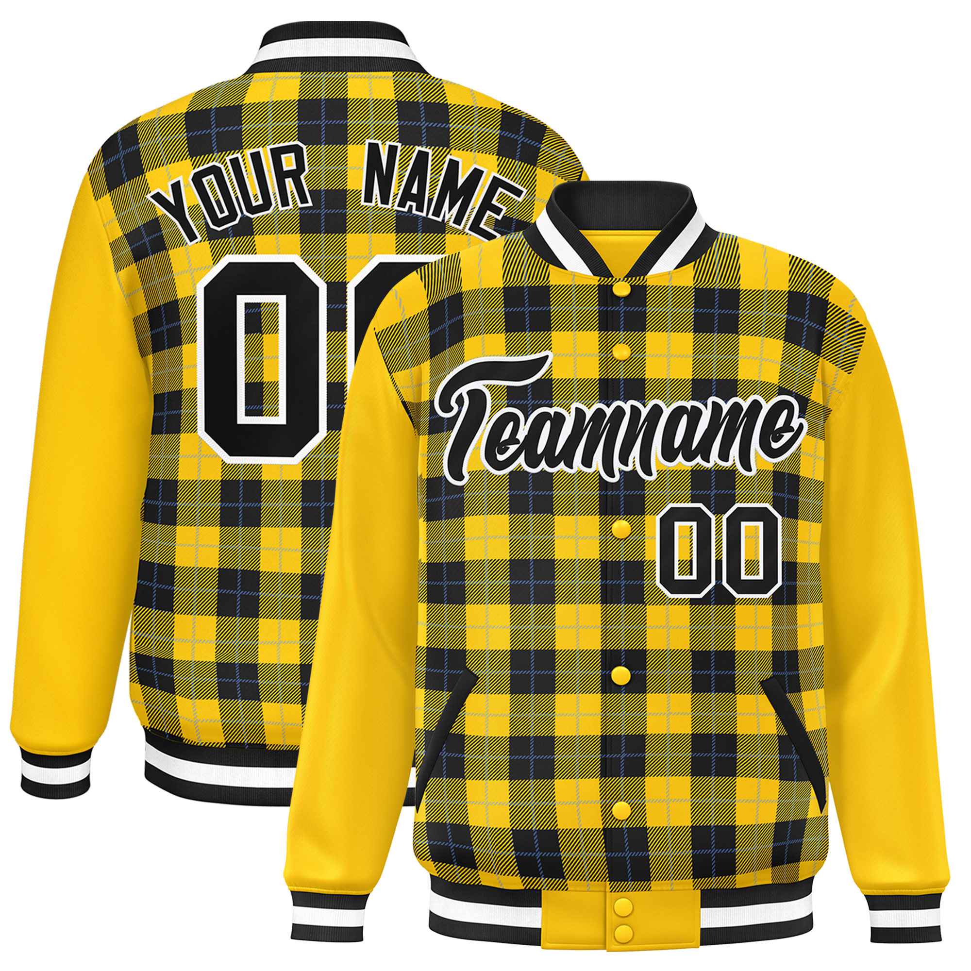 Custom Black Gold-Powder Blue Varsity Full-Snap Plaid Pattern Letterman Baseball Jacket