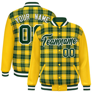 Custom Green Gold-White Varsity Full-Snap Plaid Pattern Letterman Baseball Jacket