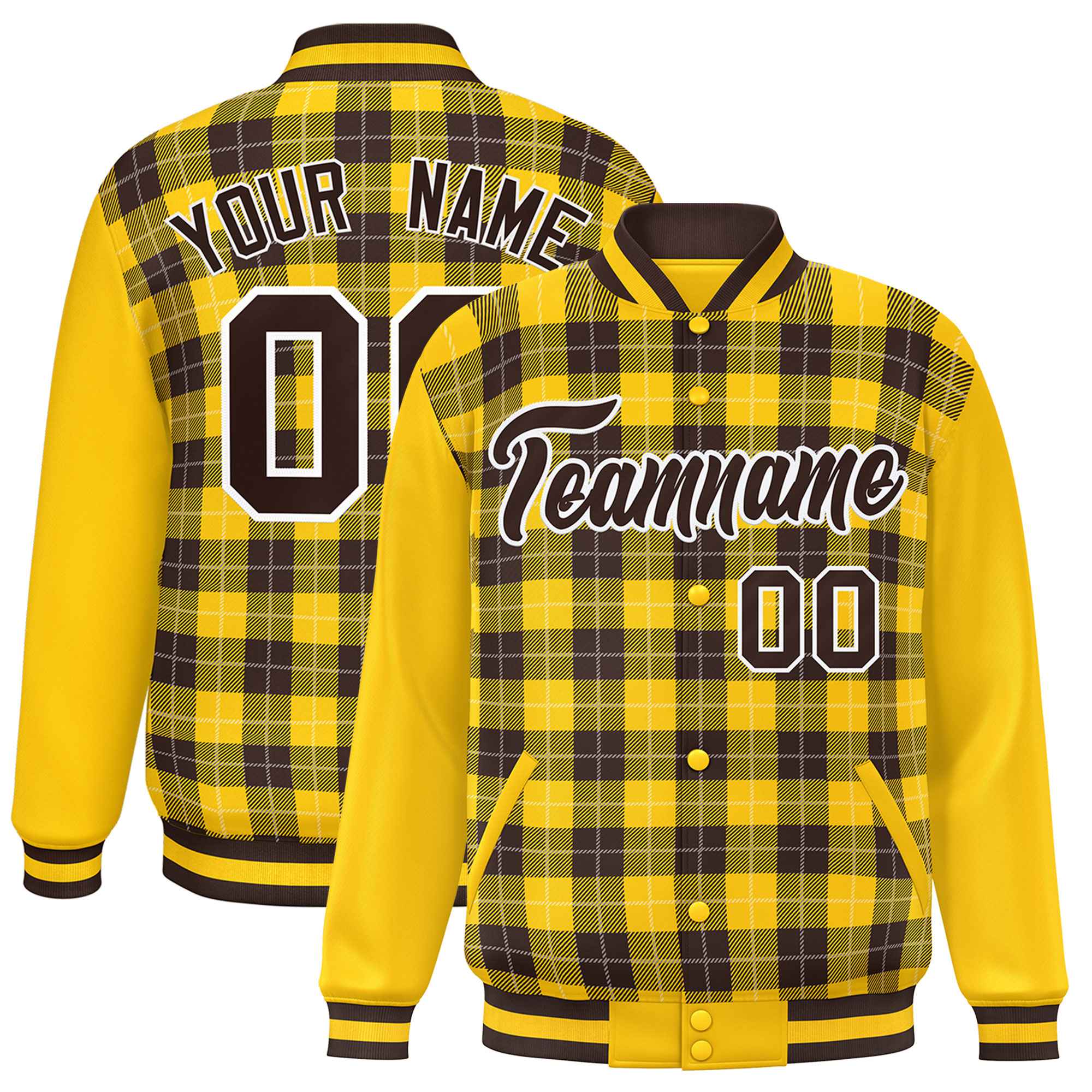 Custom Brown Gold-White Varsity Full-Snap Plaid Pattern Letterman Baseball Jacket