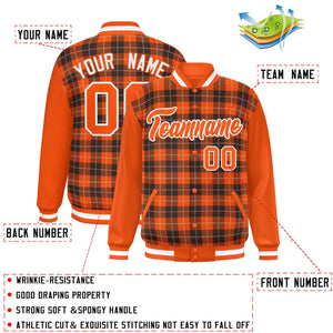 Custom Brown Orange-White Varsity Full-Snap Plaid Pattern Letterman Baseball Jacket