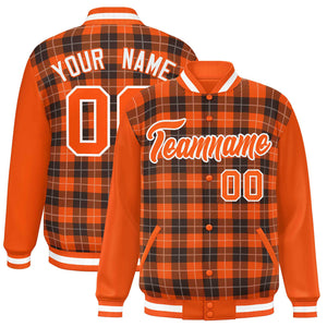 Custom Brown Orange-White Varsity Full-Snap Plaid Pattern Letterman Baseball Jacket