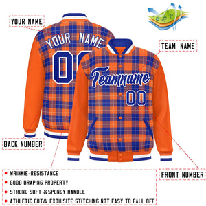 Custom Royal Orange-White Varsity Full-Snap Plaid Pattern Letterman Baseball Jacket