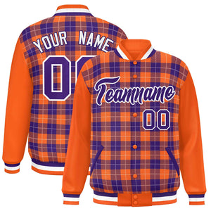 Custom Purple Orange-White Varsity Full-Snap Plaid Pattern Letterman Baseball Jacket