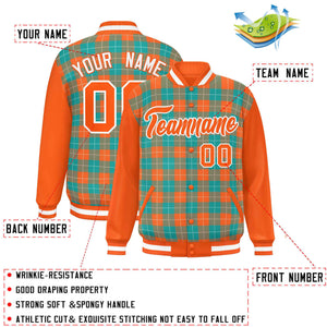 Custom Aqua Orange-White Varsity Full-Snap Plaid Pattern Letterman Baseball Jacket