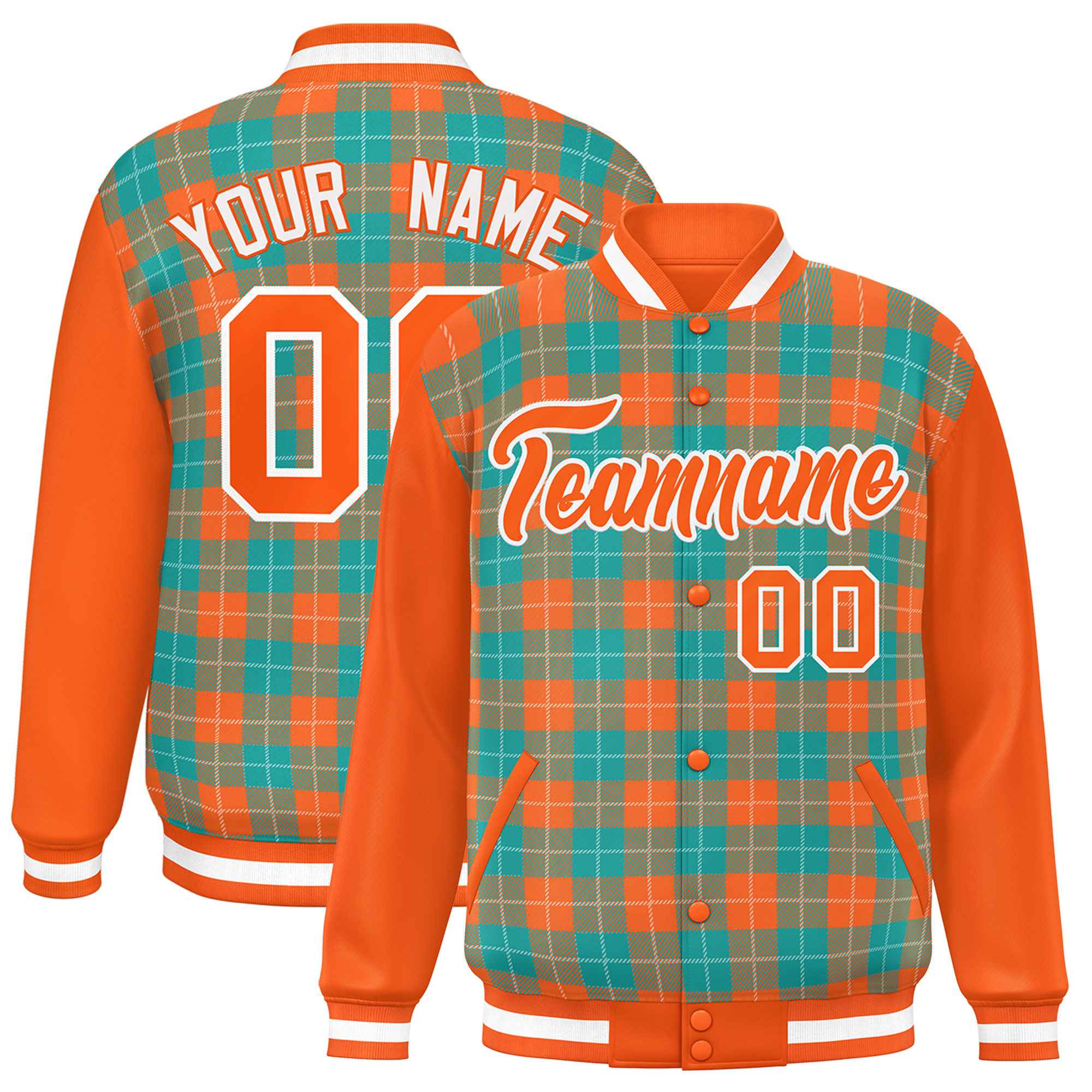 Custom Aqua Orange-White Varsity Full-Snap Plaid Pattern Letterman Baseball Jacket