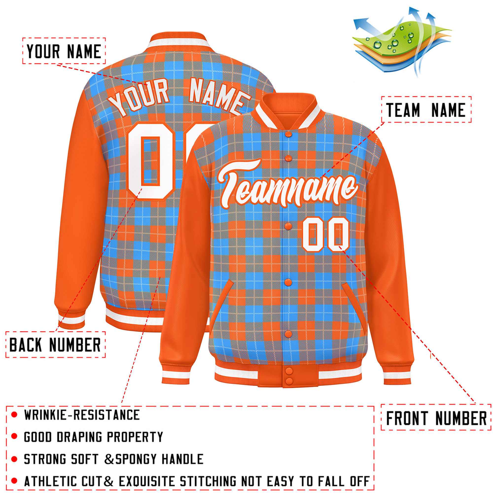 Custom Powder Blue Orange-White Varsity Full-Snap Plaid Pattern Letterman Baseball Jacket