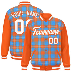 Custom Powder Blue Orange-White Varsity Full-Snap Plaid Pattern Letterman Baseball Jacket