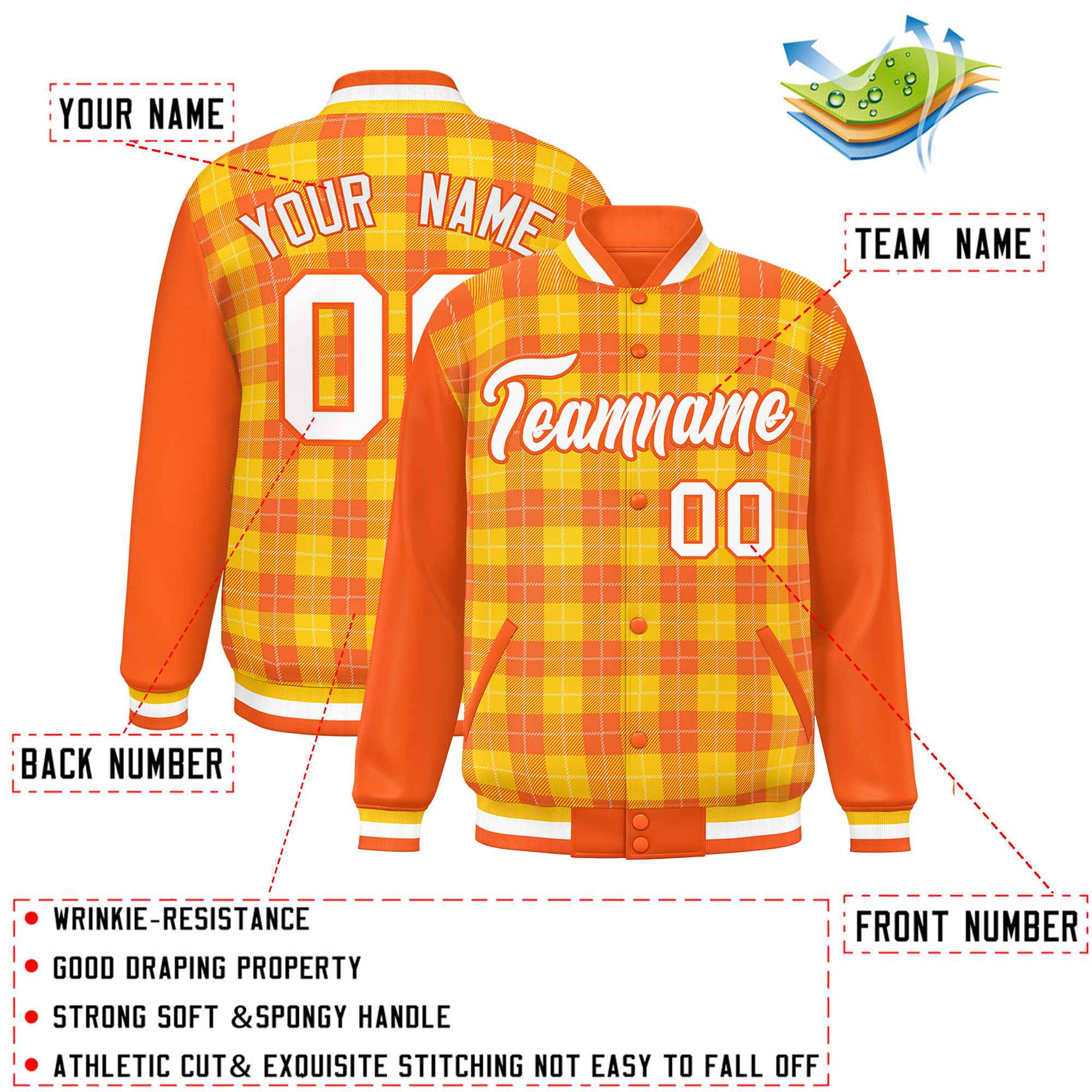 Custom Gold Orange-White Varsity Full-Snap Plaid Pattern Letterman Baseball Jacket