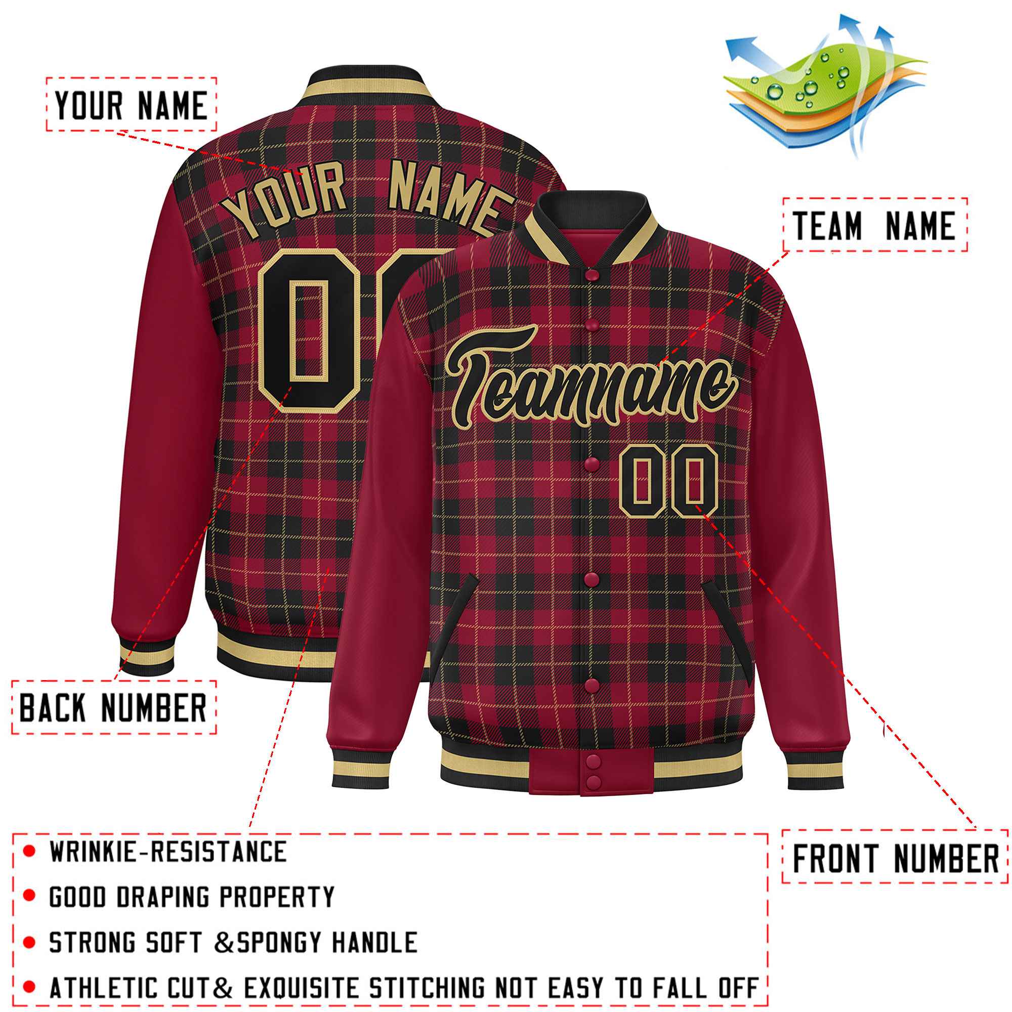 Custom Black Crimson-Khaki Varsity Full-Snap Plaid Pattern Letterman Baseball Jacket