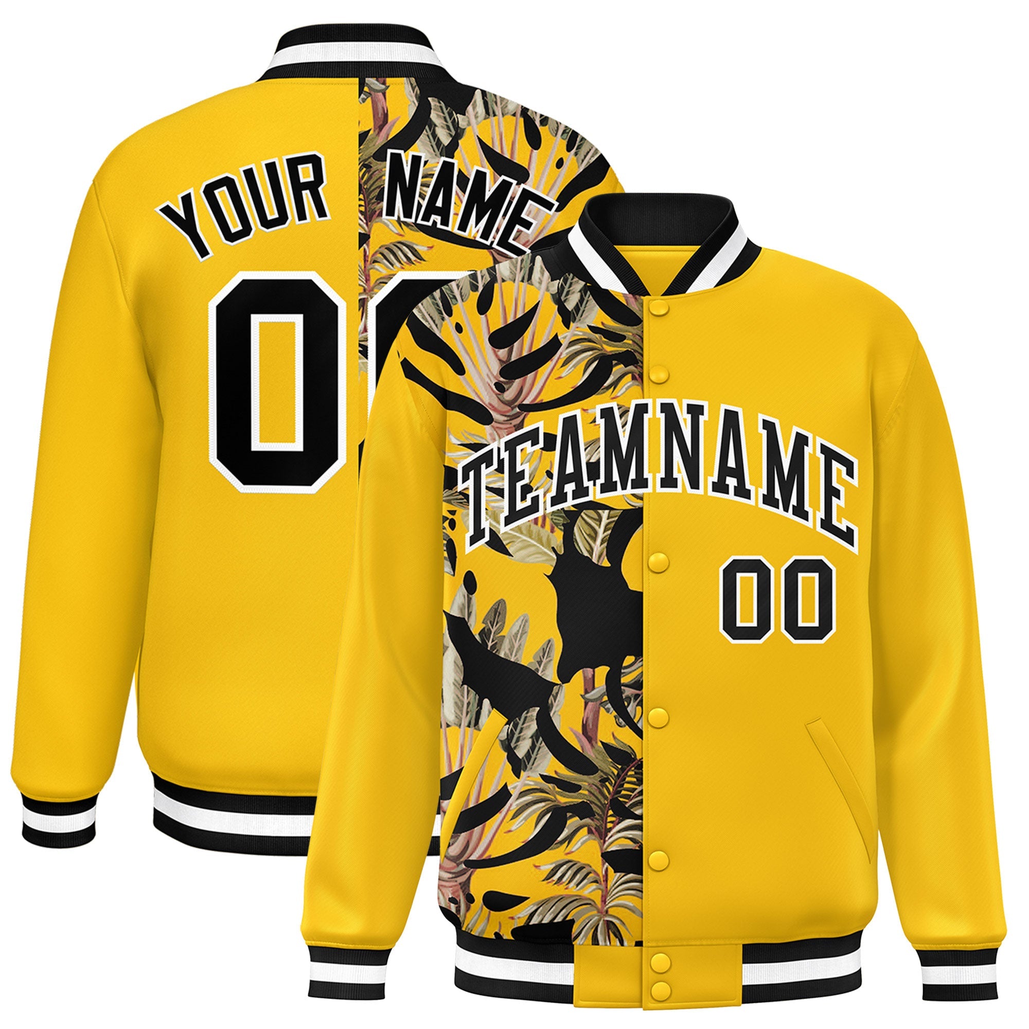 Custom Yellow Varsity Full-Snap Flower Pattern Letterman Two Tone Split Fashion Jacket