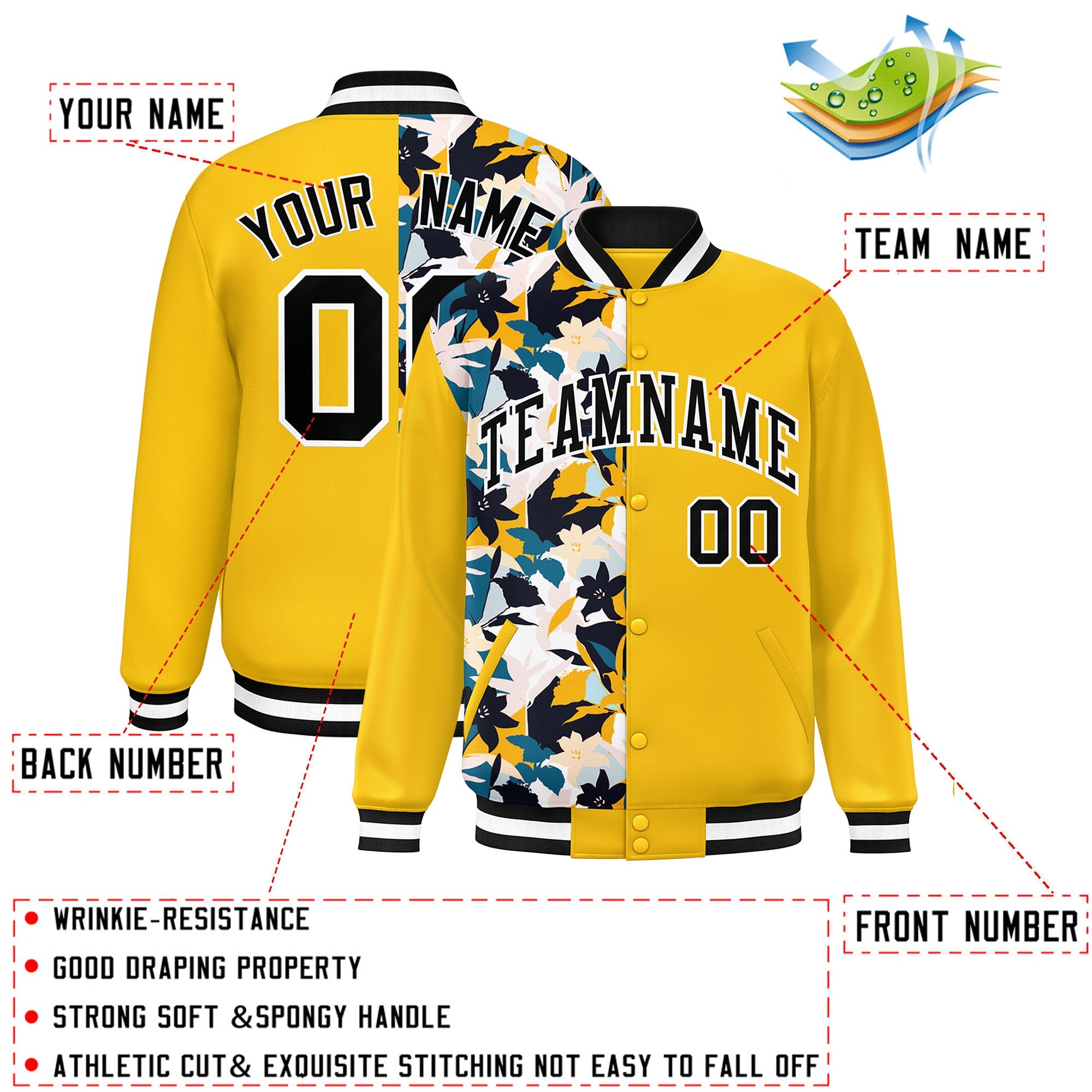 Custom Yellow Varsity Full-Snap Flower Pattern Letterman Two Tone Split Fashion Jacket