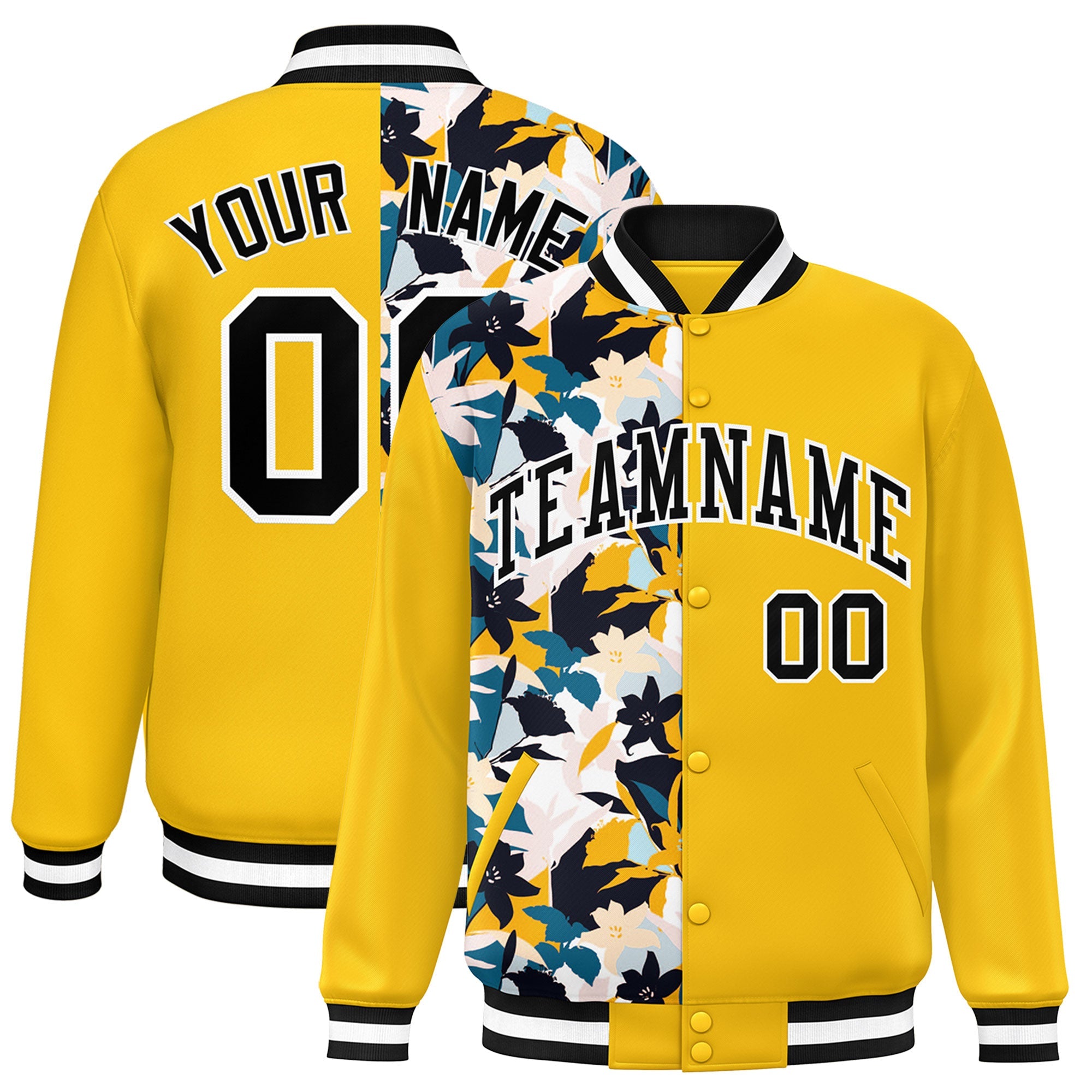 Custom Yellow Varsity Full-Snap Flower Pattern Letterman Two Tone Split Fashion Jacket