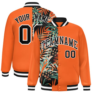 Custom Orange Varsity Full-Snap Flower Pattern Letterman Two Tone Split Fashion Jacket