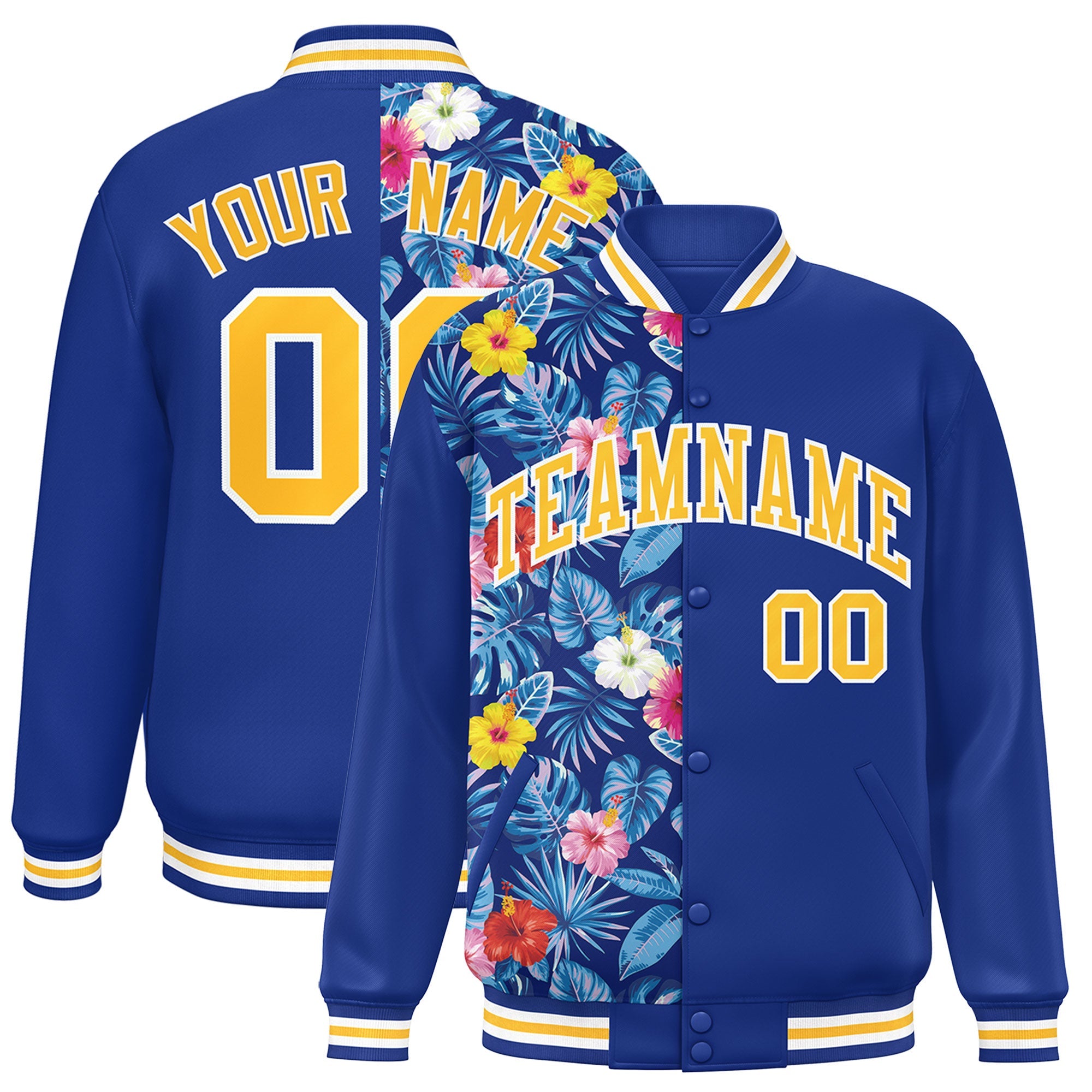 Custom Royal Varsity Full-Snap Flower Pattern Letterman Two Tone Split Fashion Jacket