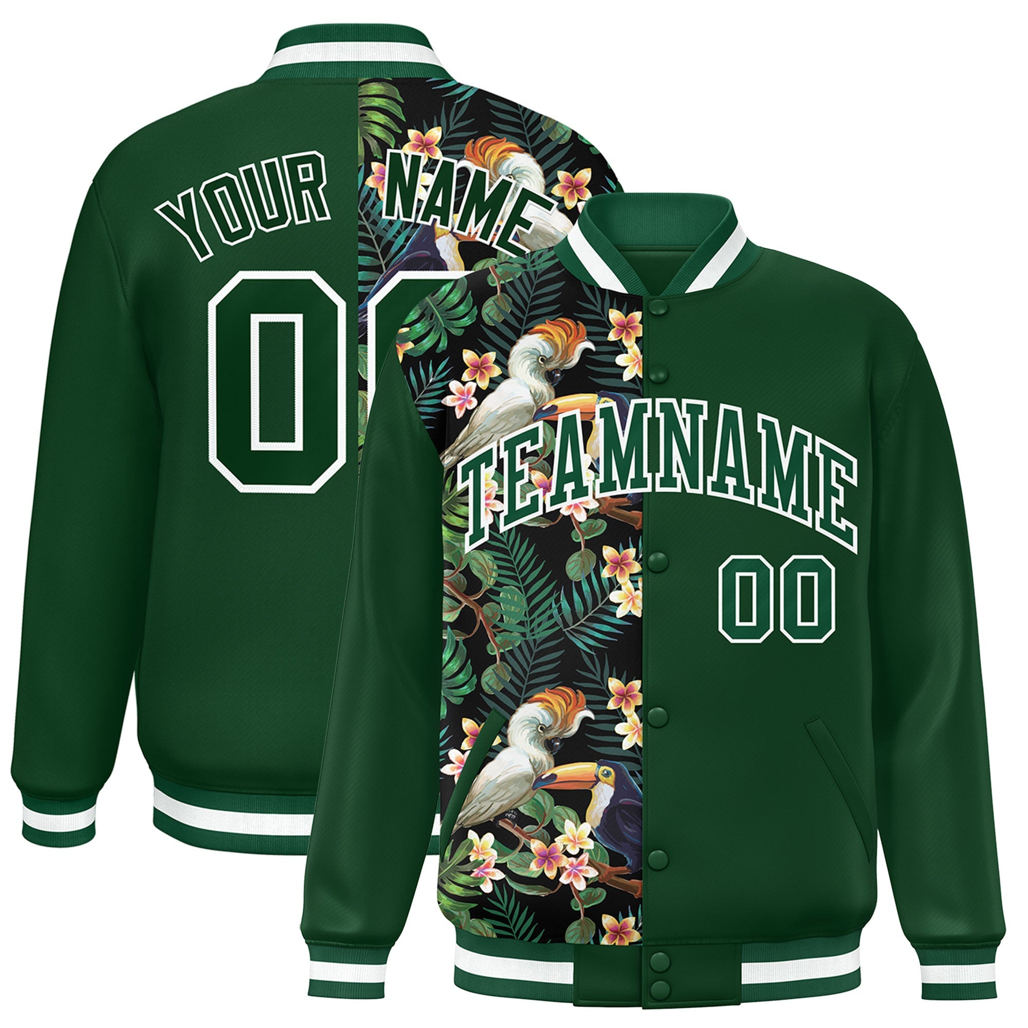 Custom Green Varsity Full-Snap Flower Pattern Letterman Two Tone Split Fashion Jacket