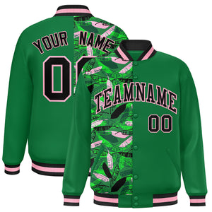 Custom Kelly Green Varsity Full-Snap Flower Pattern Letterman Two Tone Split Fashion Jacket