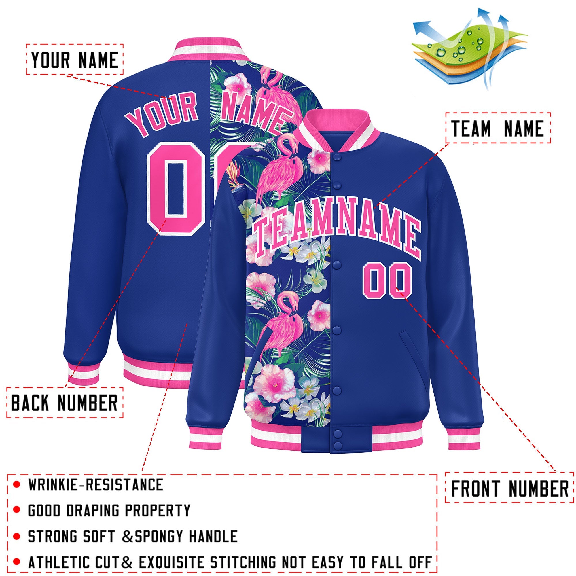 Custom Royal Varsity Full-Snap Flower Pattern Letterman Two Tone Split Fashion Jacket