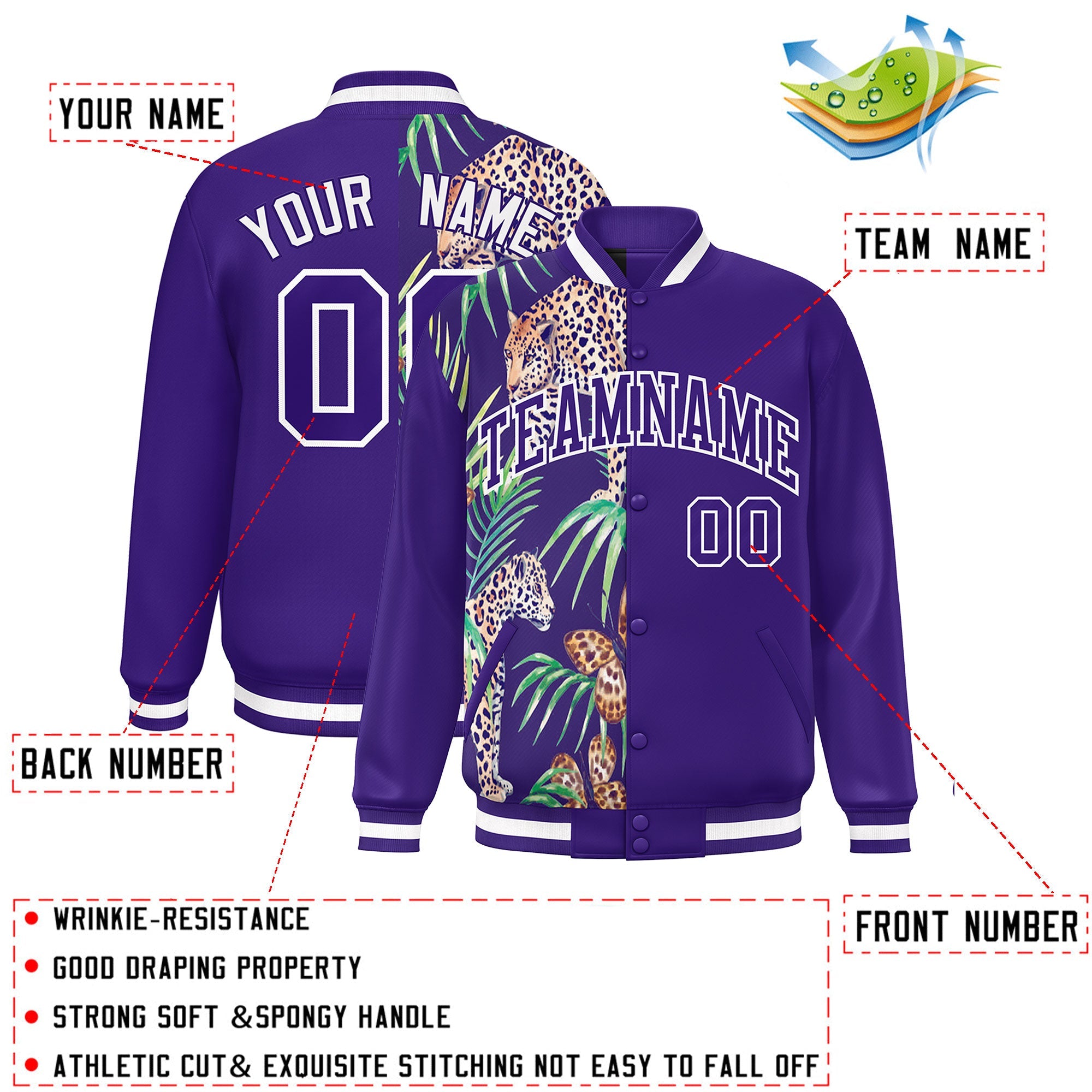 Custom Purple Varsity Full-Snap Flower Pattern Letterman Two Tone Split Fashion Jacket