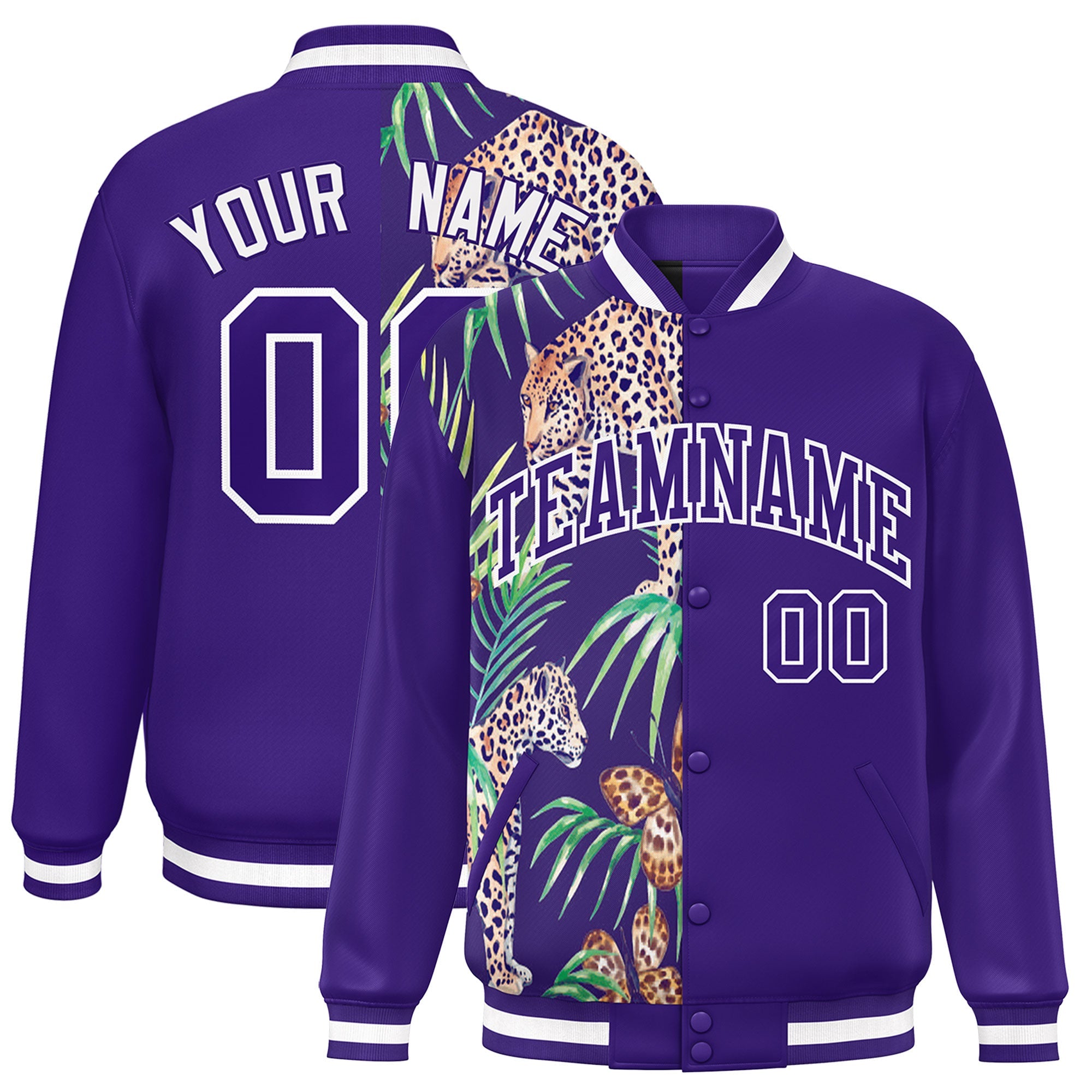 Custom Purple Varsity Full-Snap Flower Pattern Letterman Two Tone Split Fashion Jacket