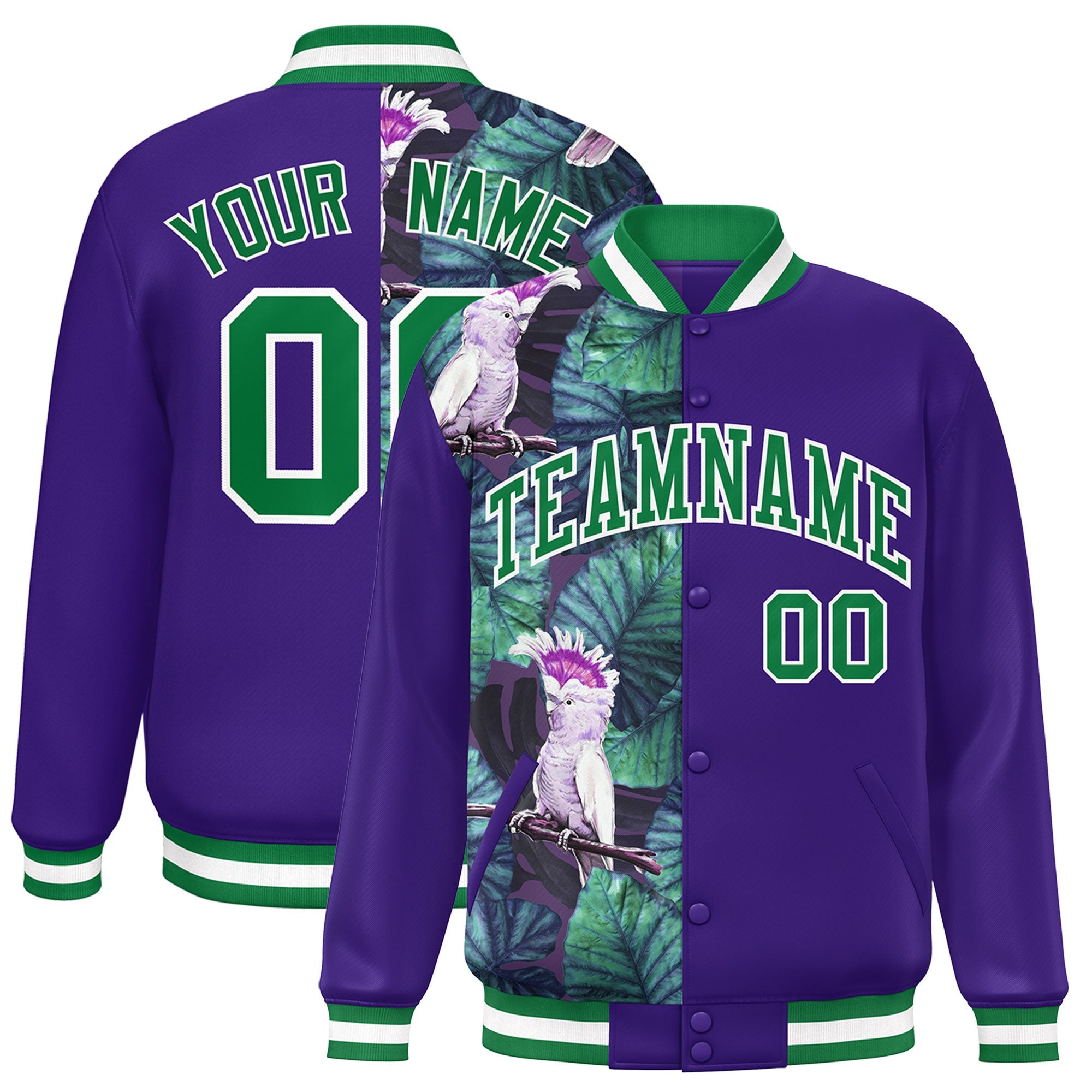 Custom Purple Varsity Full-Snap Flower Pattern Letterman Two Tone Split Fashion Jacket