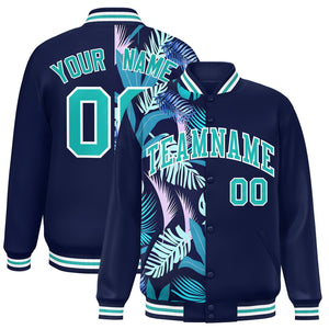 Custom Navy Varsity Full-Snap Flower Pattern Letterman Two Tone Split Fashion Jacket