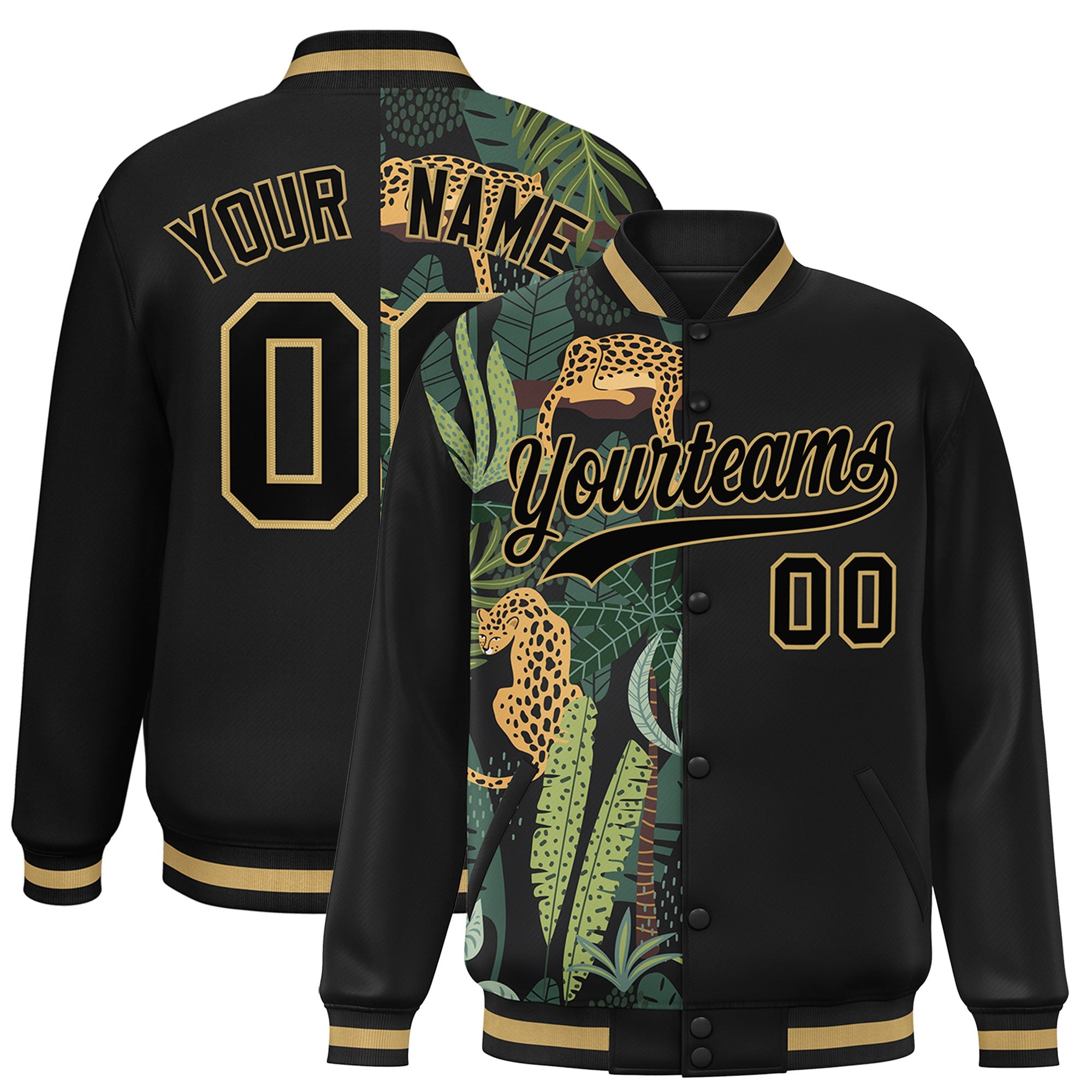 Custom Black Varsity Full-Snap Flower Pattern Letterman Two Tone Split Fashion Jacket