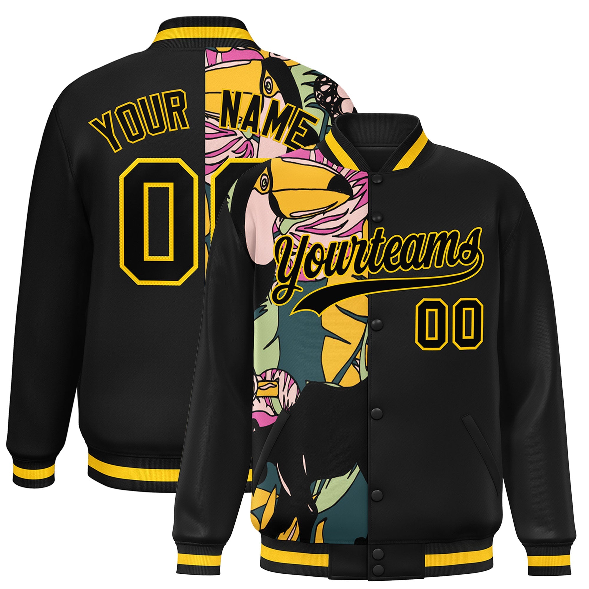 Custom Black Varsity Full-Snap Flower Pattern Letterman Two Tone Split Fashion Jacket