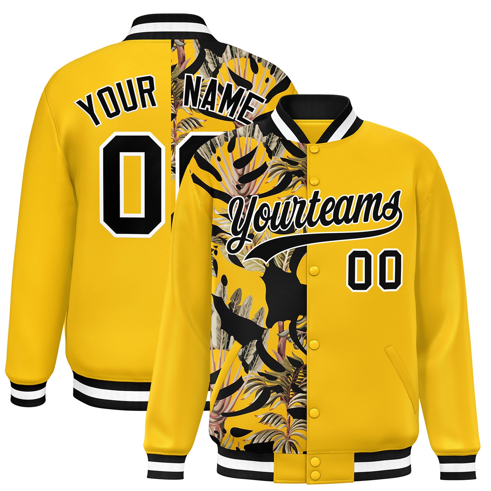 Custom Yellow Varsity Full-Snap Flower Pattern Letterman Two Tone Split Fashion Jacket