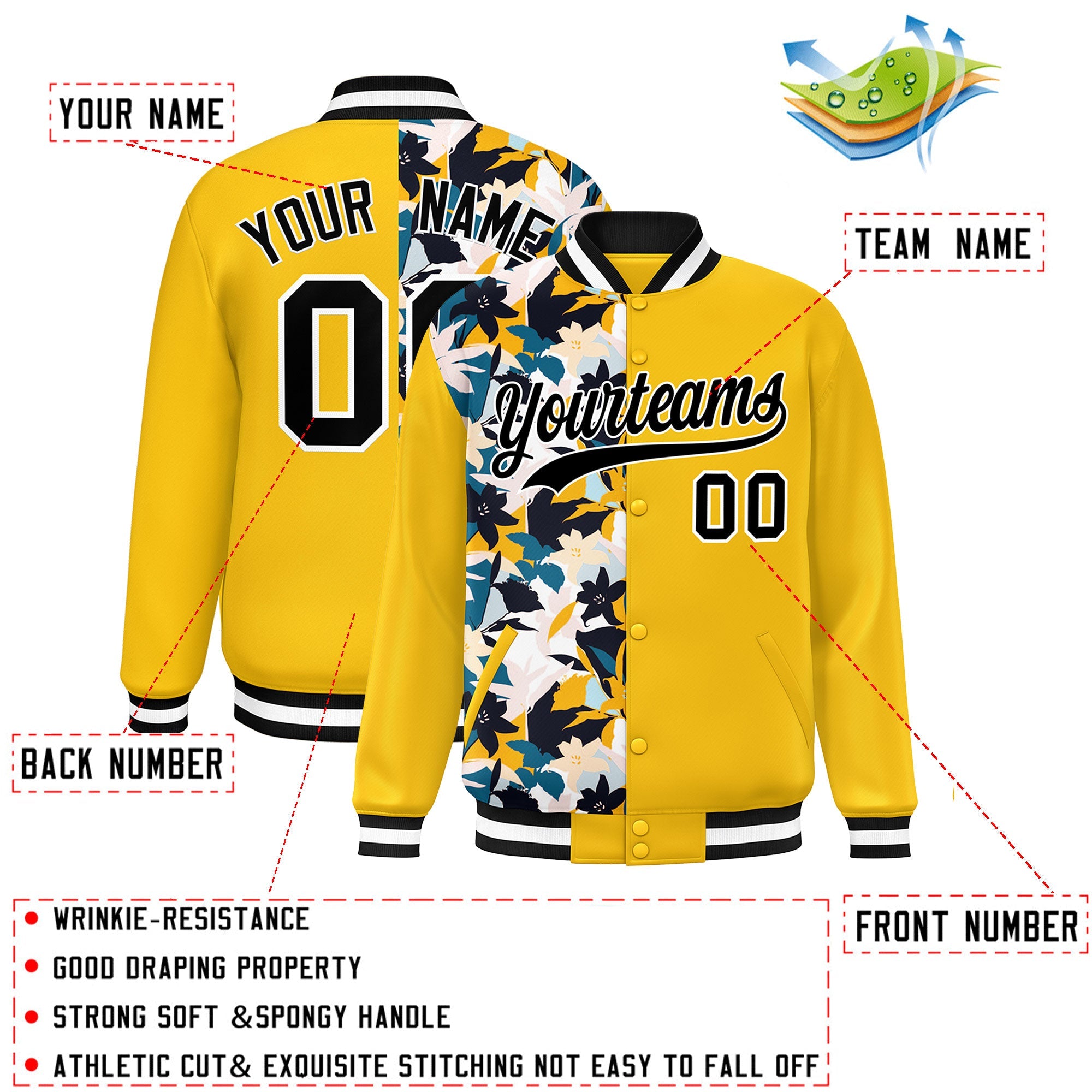 Custom Yellow Varsity Full-Snap Flower Pattern Letterman Two Tone Split Fashion Jacket