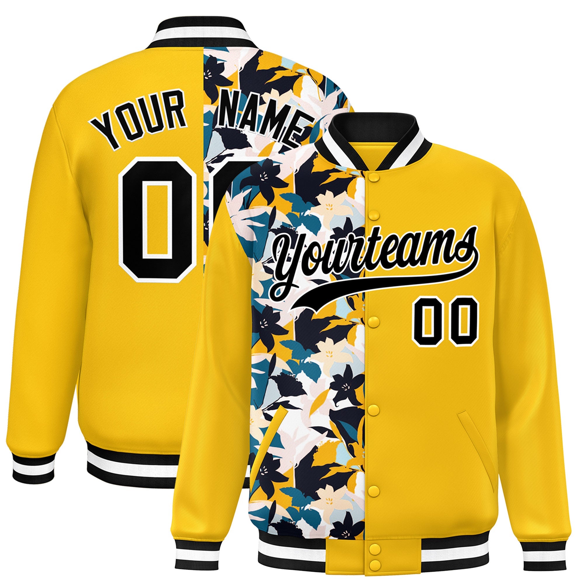 Custom Yellow Varsity Full-Snap Flower Pattern Letterman Two Tone Split Fashion Jacket