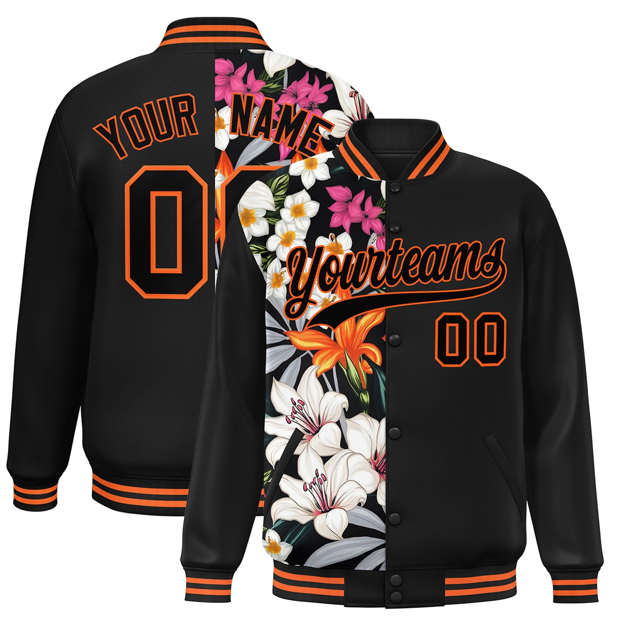 Custom Black Varsity Full-Snap Flower Pattern Letterman Two Tone Split Fashion Jacket