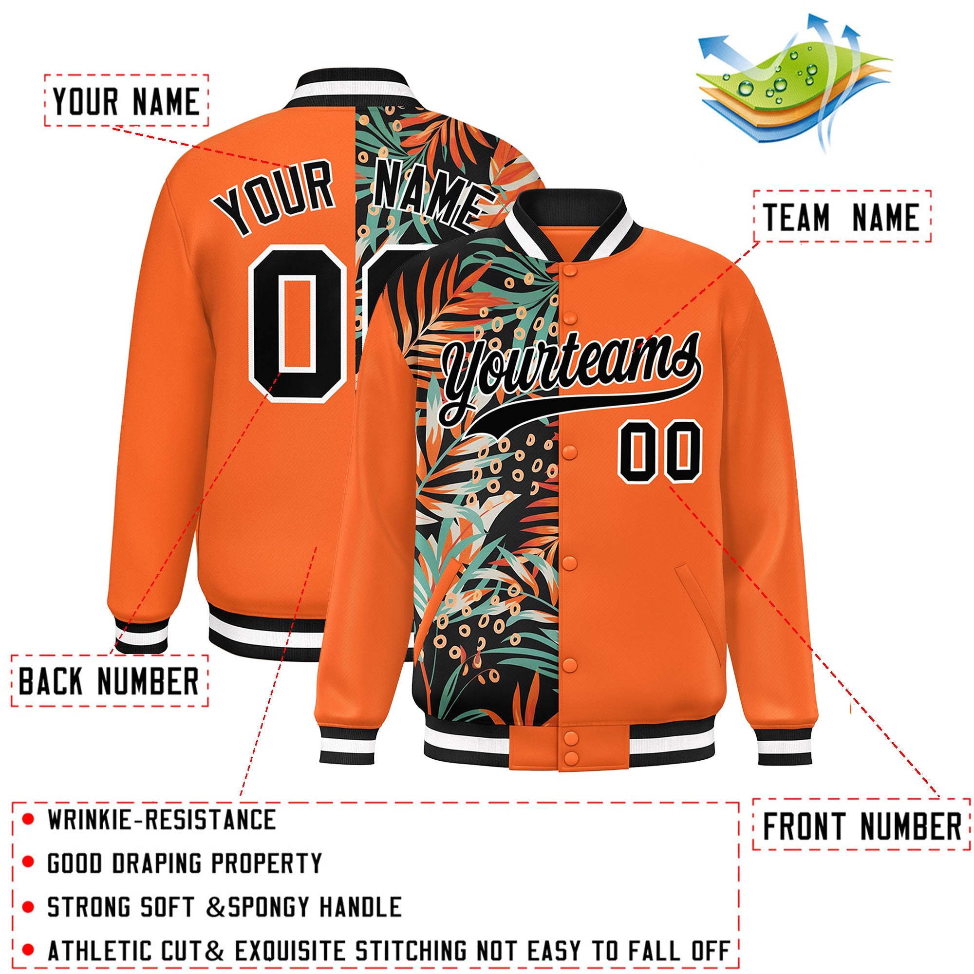 Custom Orange Varsity Full-Snap Flower Pattern Letterman Two Tone Split Fashion Jacket