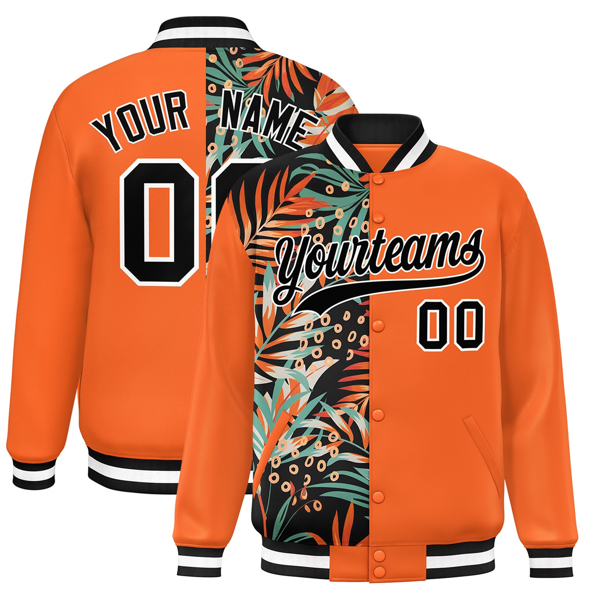 Custom Orange Varsity Full-Snap Flower Pattern Letterman Two Tone Split Fashion Jacket