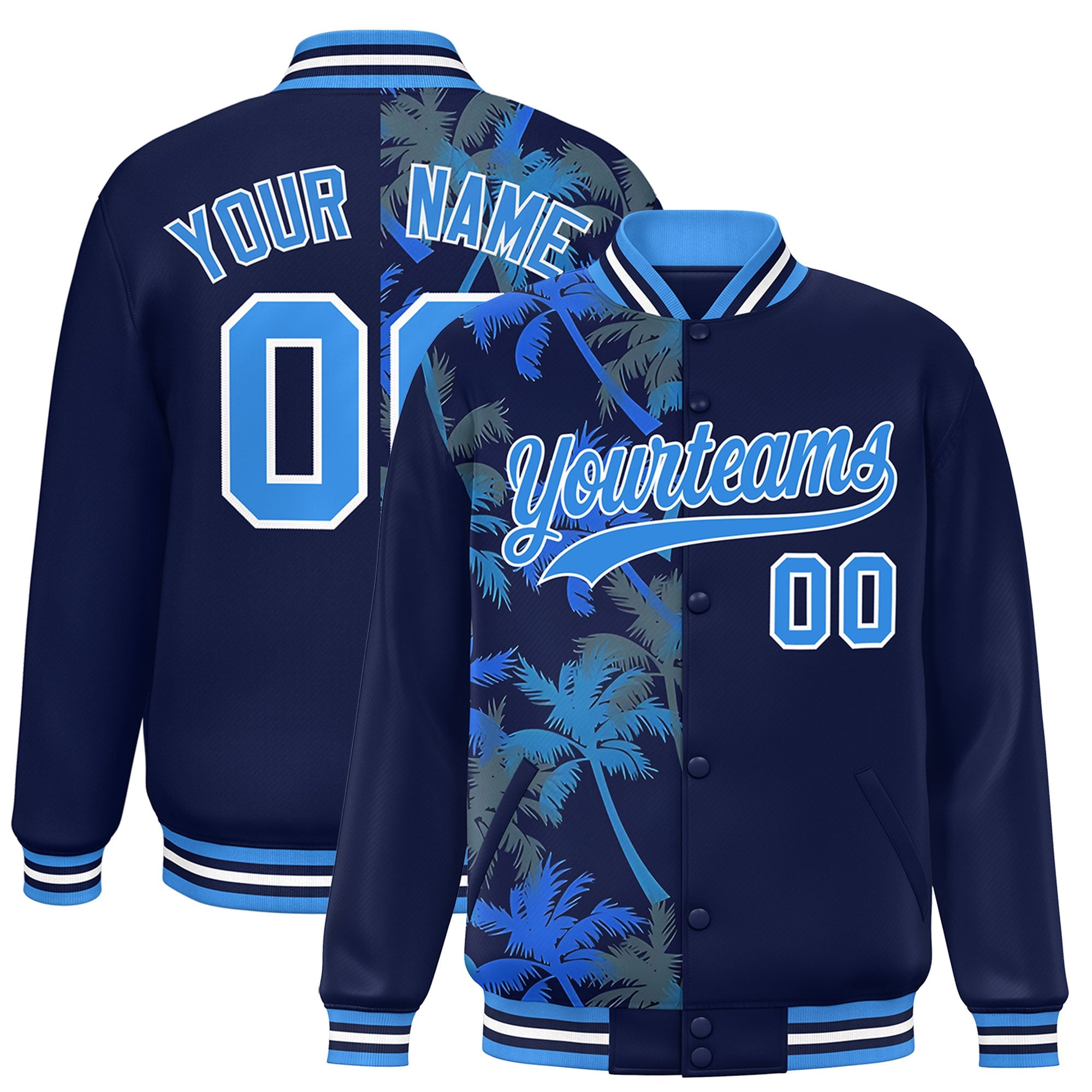 Custom Navy Varsity Full-Snap Flower Pattern Letterman Two Tone Split Fashion Jacket