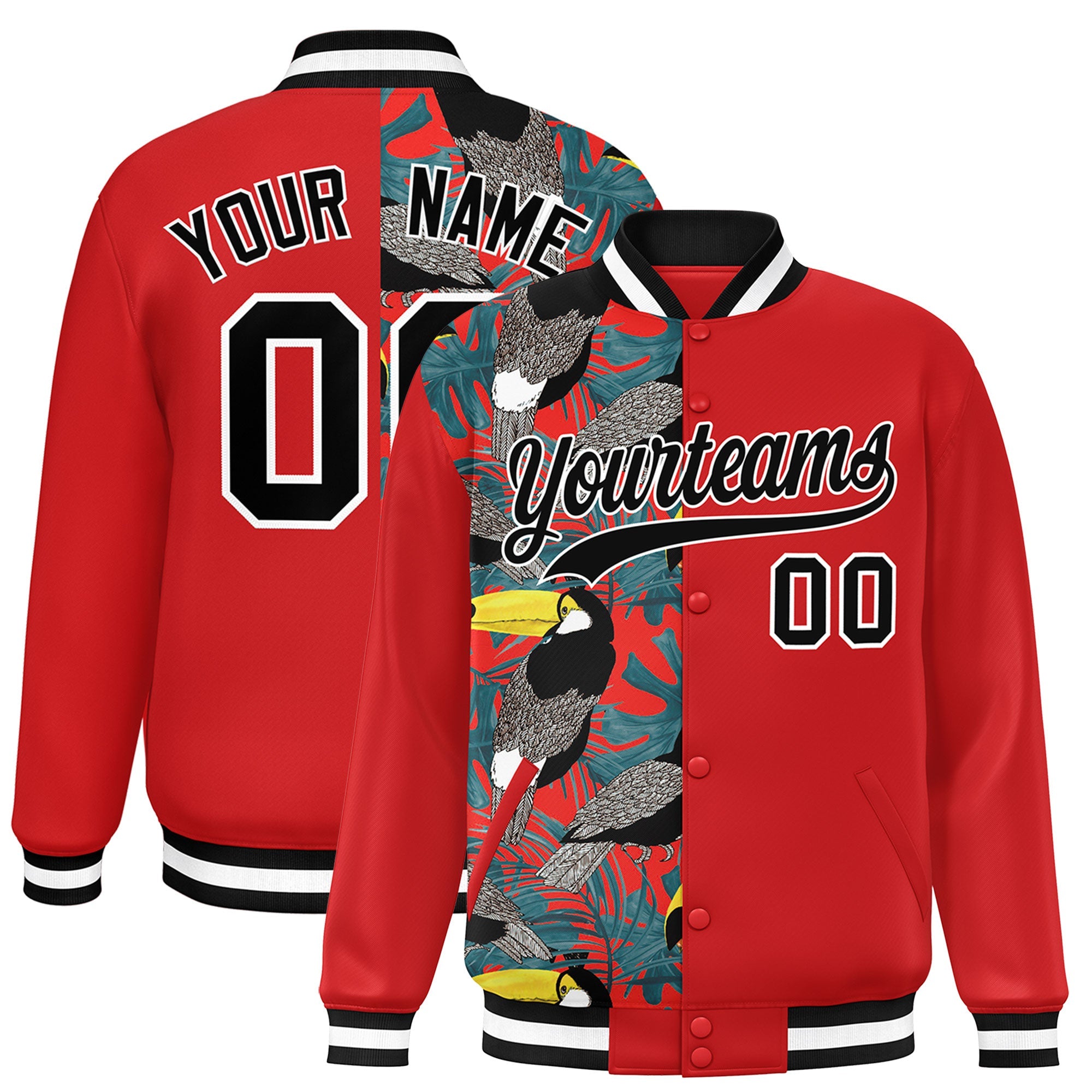 Custom Red Varsity Full-Snap Flower Pattern Letterman Two Tone Split Fashion Jacket