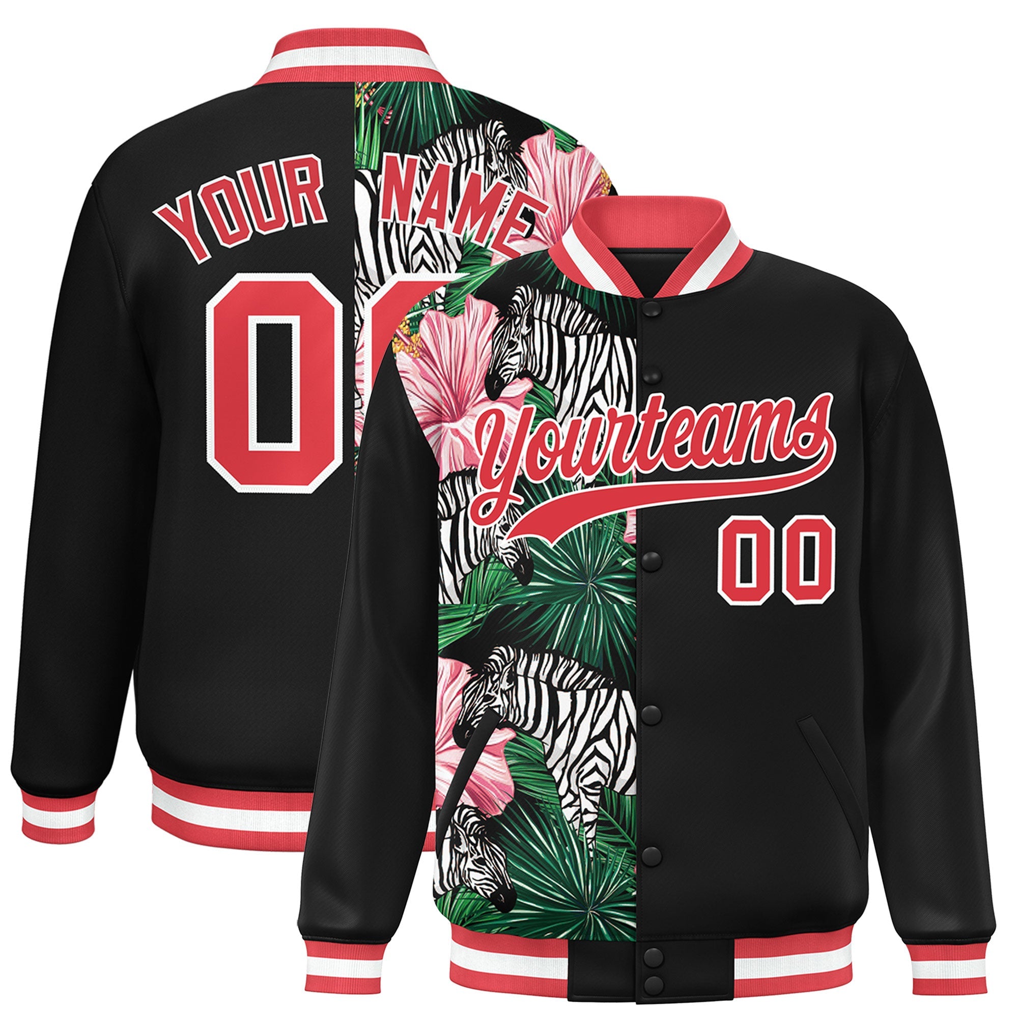 Custom Black Varsity Full-Snap Flower Pattern Letterman Two Tone Split Fashion Jacket