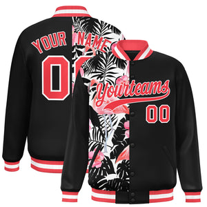 Custom Black Varsity Full-Snap Flower Pattern Letterman Two Tone Split Fashion Jacket