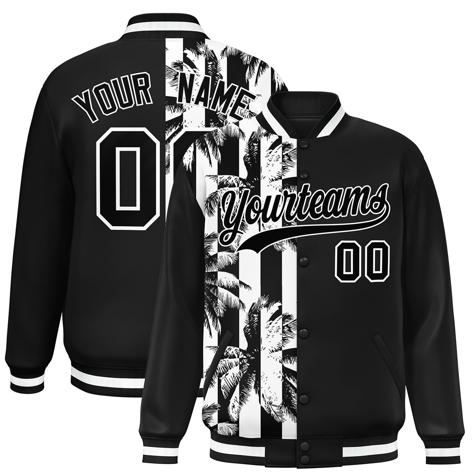 Custom Black Varsity Full-Snap Flower Pattern Letterman Two Tone Split Fashion Jacket