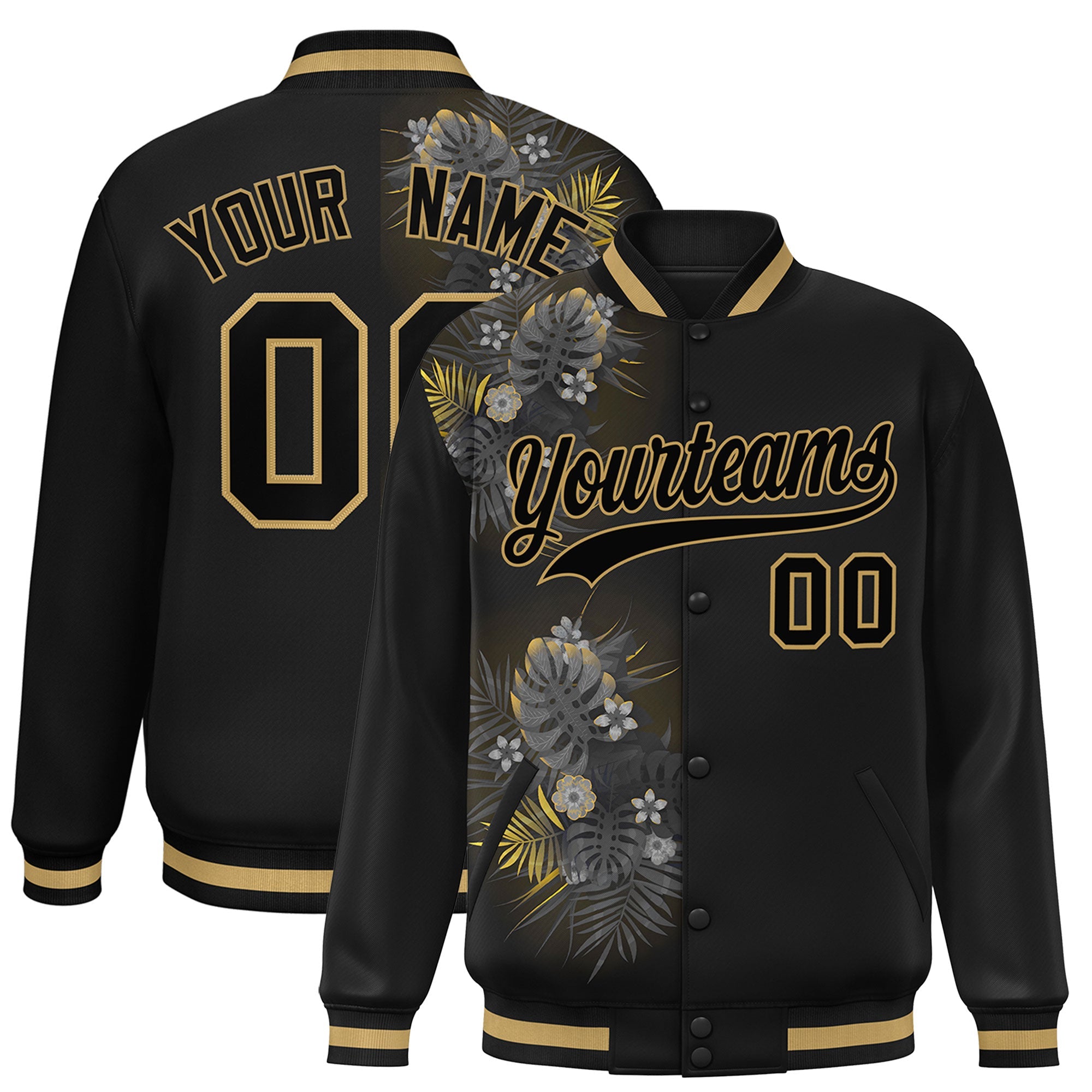 Custom Black Varsity Full-Snap Flower Pattern Letterman Two Tone Split Fashion Jacket