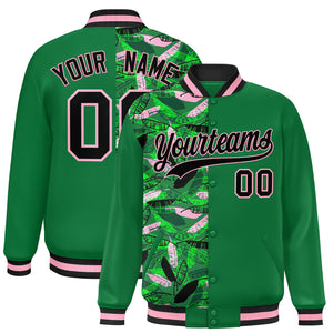 Custom Kelly Green Varsity Full-Snap Flower Pattern Letterman Two Tone Split Fashion Jacket