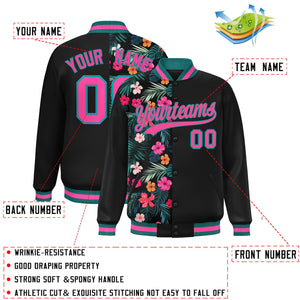 Custom Black Varsity Full-Snap Flower Pattern Letterman Two Tone Split Fashion Jacket