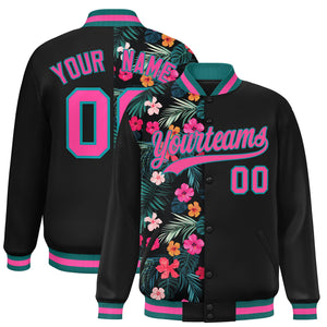 Custom Black Varsity Full-Snap Flower Pattern Letterman Two Tone Split Fashion Jacket