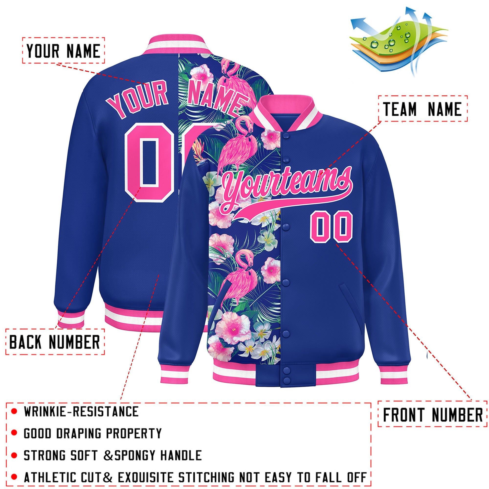 Custom Royal Varsity Full-Snap Flower Pattern Letterman Two Tone Split Fashion Jacket