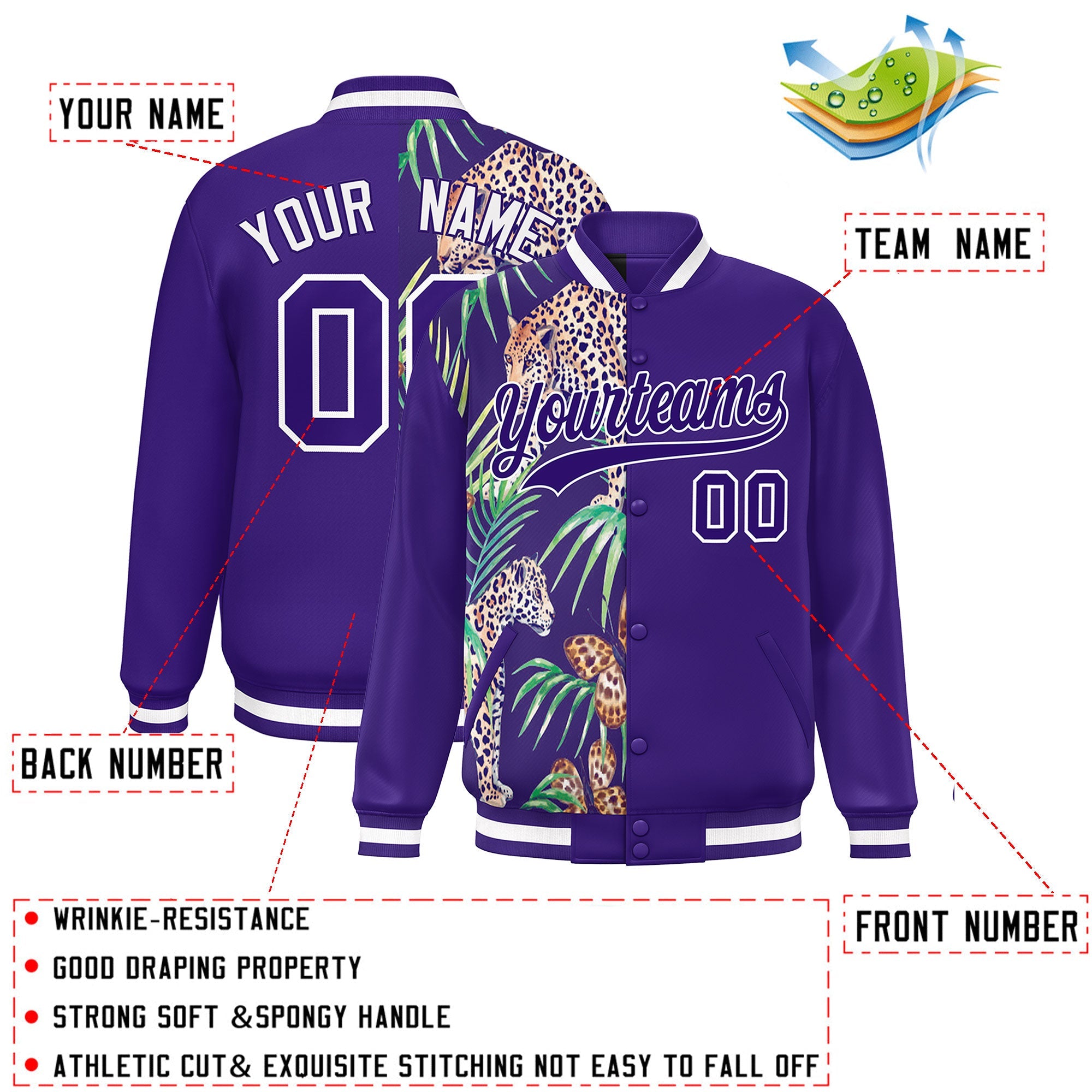 Custom Purple Varsity Full-Snap Flower Pattern Letterman Two Tone Split Fashion Jacket