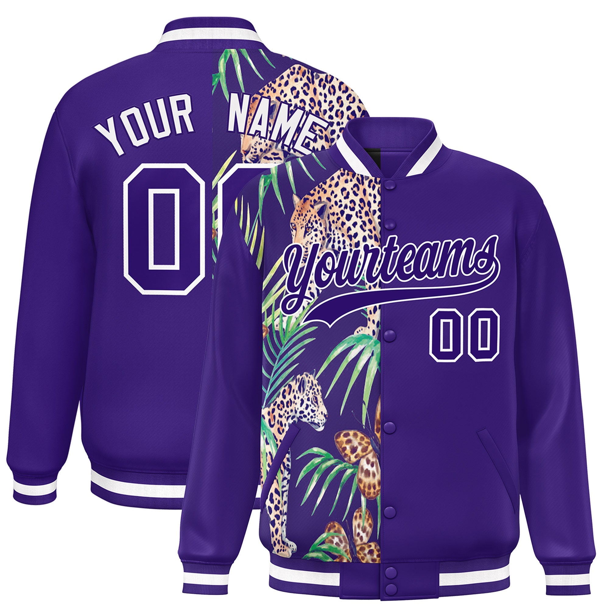 Custom Purple Varsity Full-Snap Flower Pattern Letterman Two Tone Split Fashion Jacket