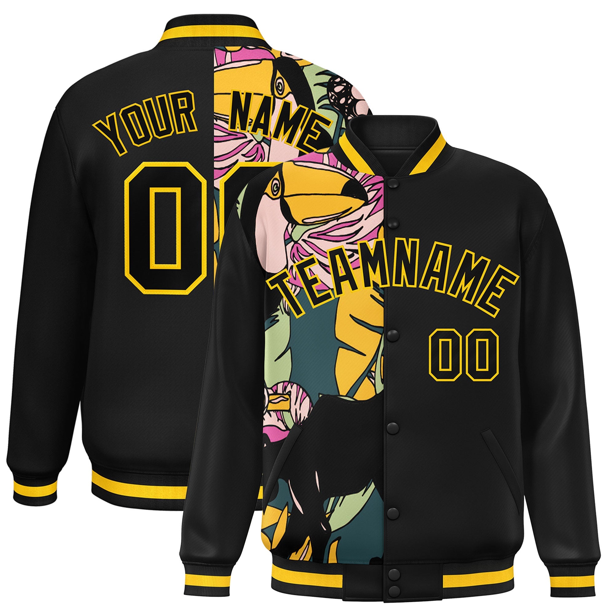 Custom Black Varsity Full-Snap Flower Pattern Letterman Two Tone Split Fashion Jacket