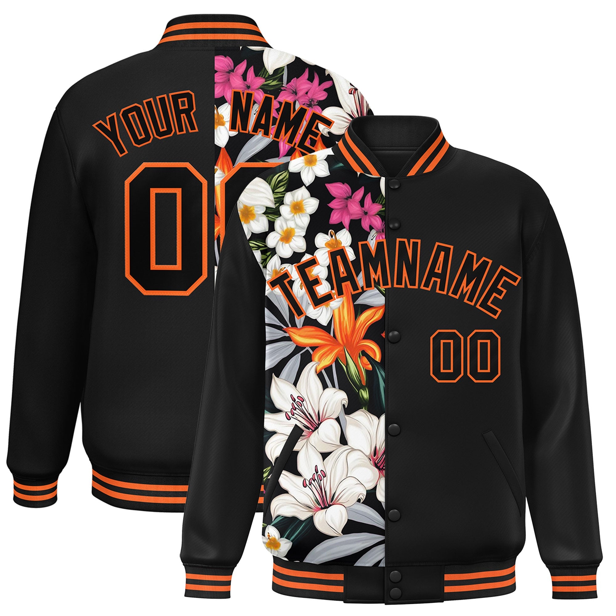 Custom Black Varsity Full-Snap Flower Pattern Letterman Two Tone Split Fashion Jacket