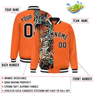 Custom Orange Varsity Full-Snap Flower Pattern Letterman Two Tone Split Fashion Jacket