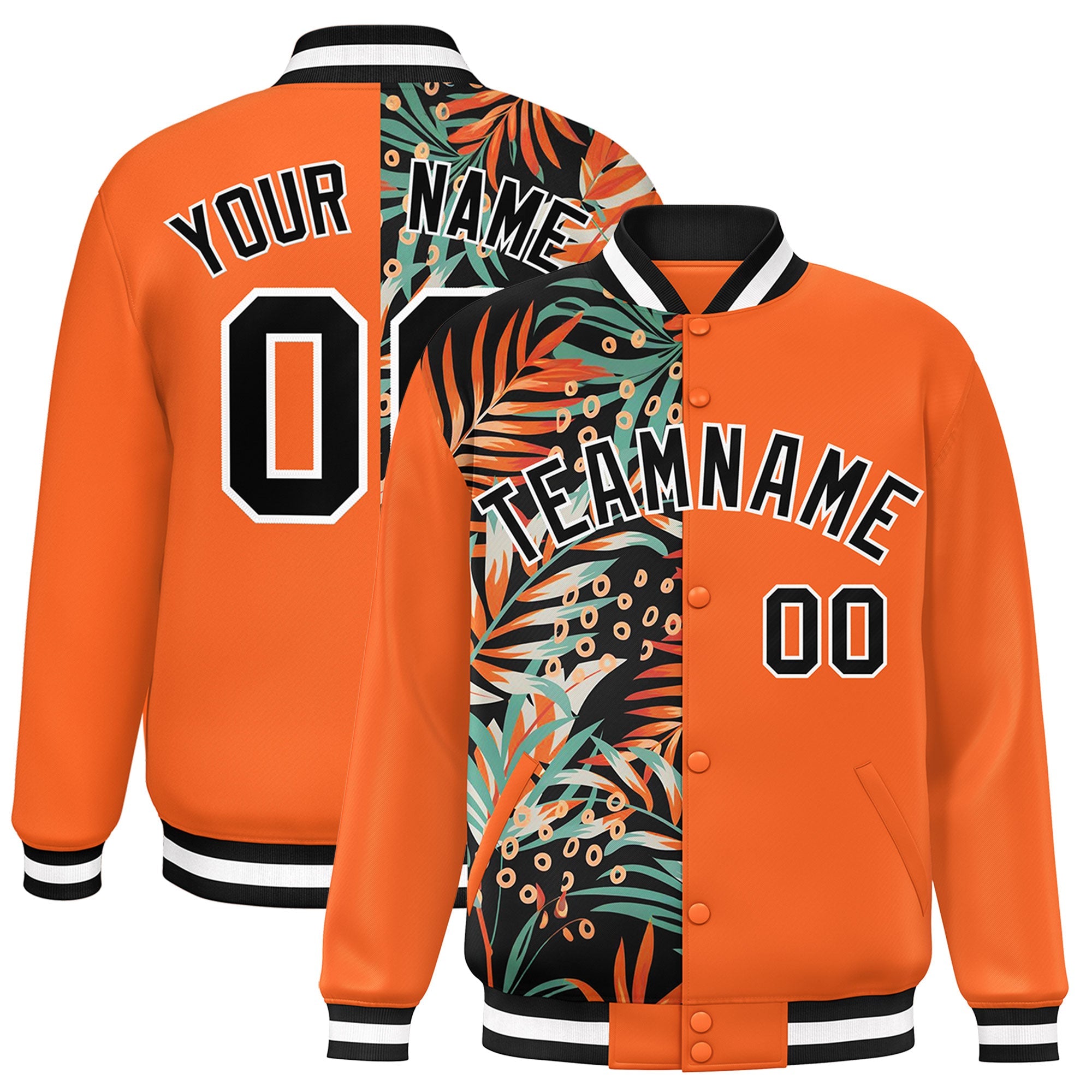 Custom Orange Varsity Full-Snap Flower Pattern Letterman Two Tone Split Fashion Jacket